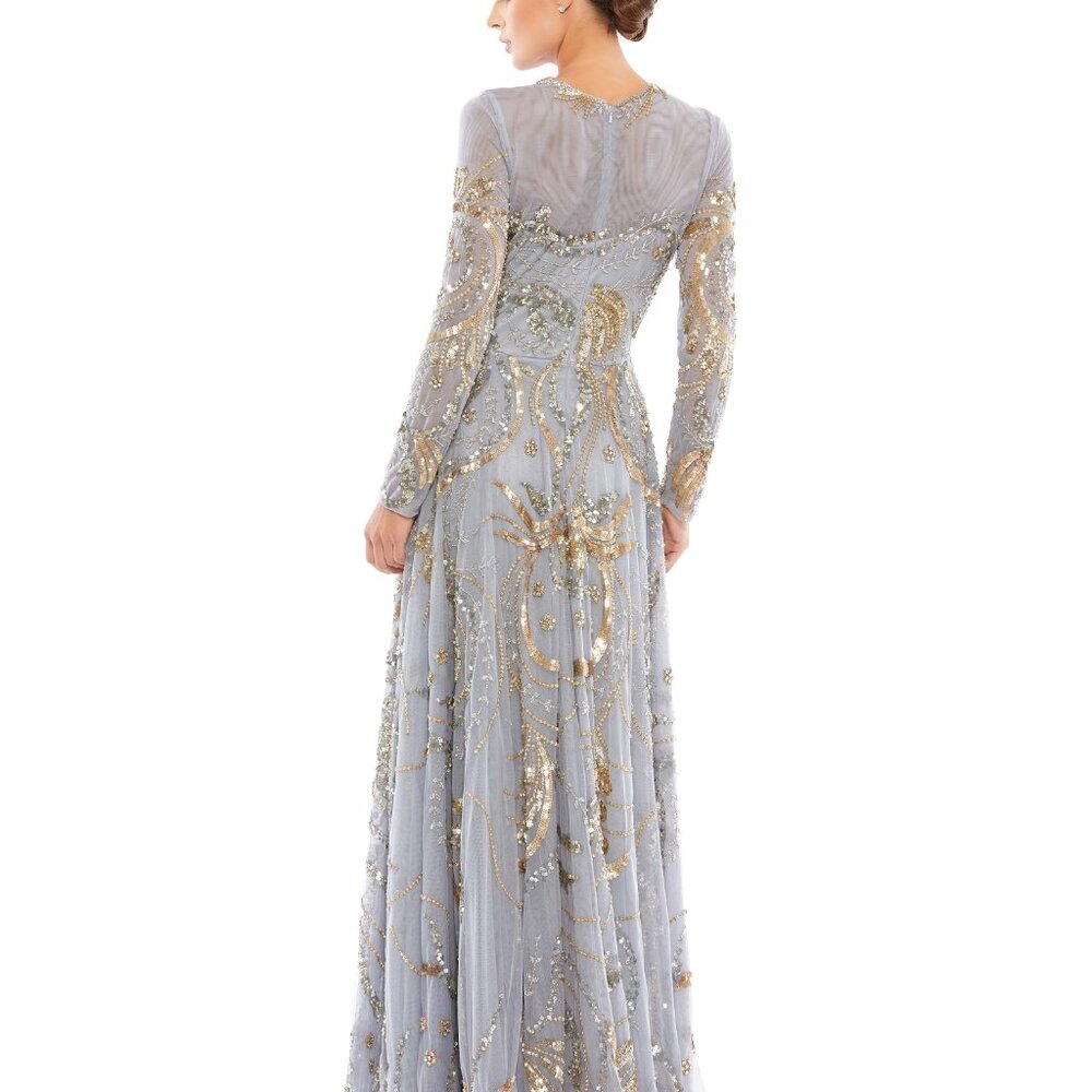 NWT Mac Duggal PLATINUM GOLD LONG SLEEVE EMBELLISHED ILLUSION GOWN… - Picture 3 of 12